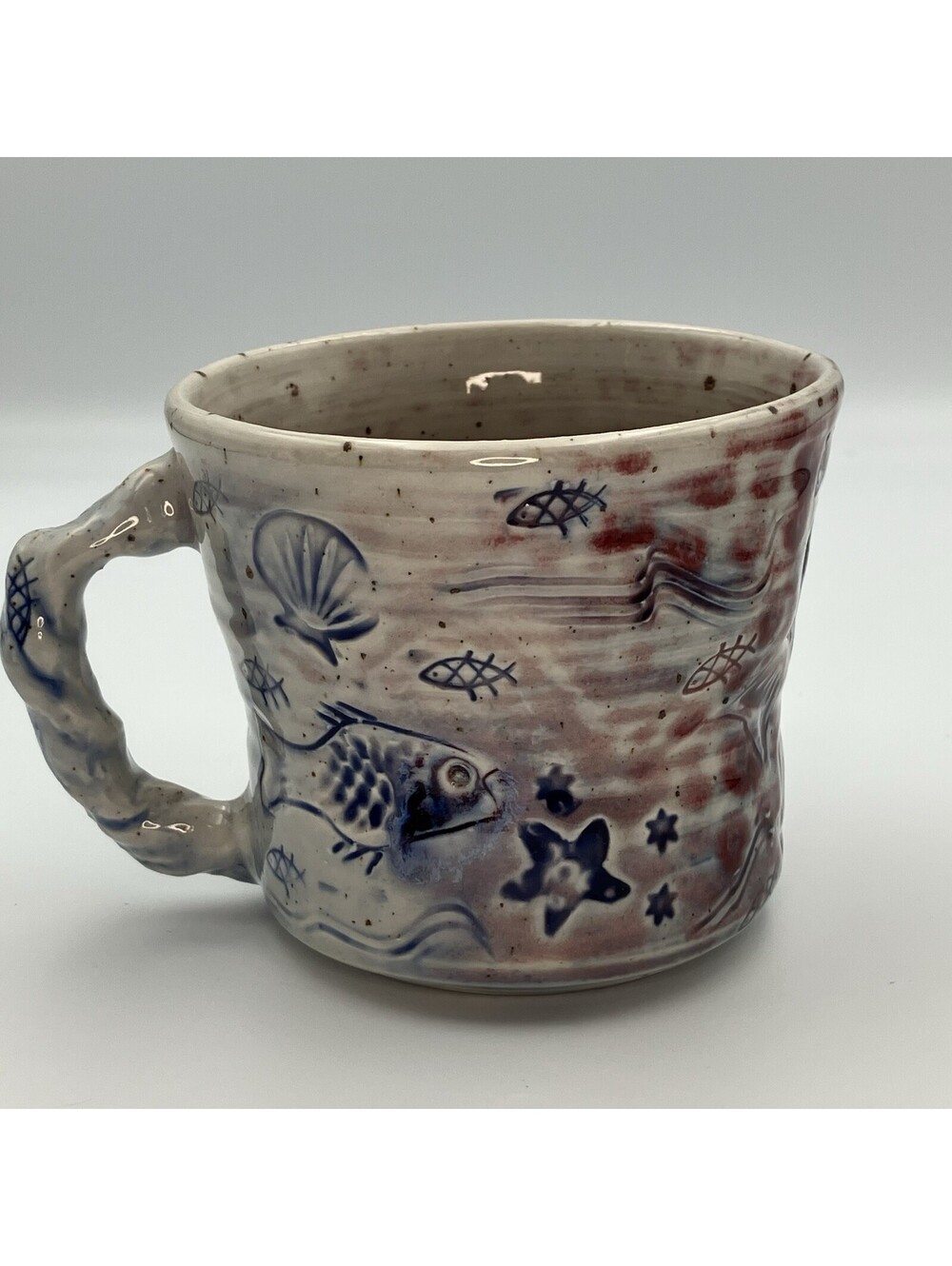 Handmade Studio Pottery Mug Fish Sea Starfish Ocean Nautica Glazed Handle